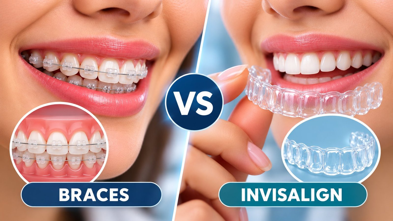 Illustration comparing braces with clear aligners