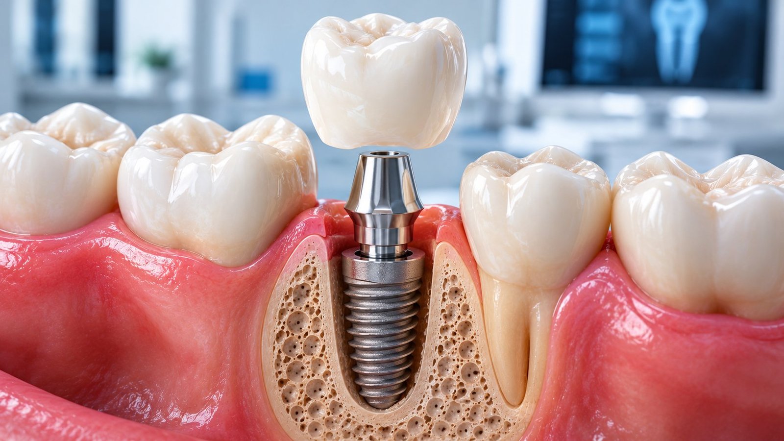 Illustration of a dental implant in the jaw bone with an abutment and a crown being placed